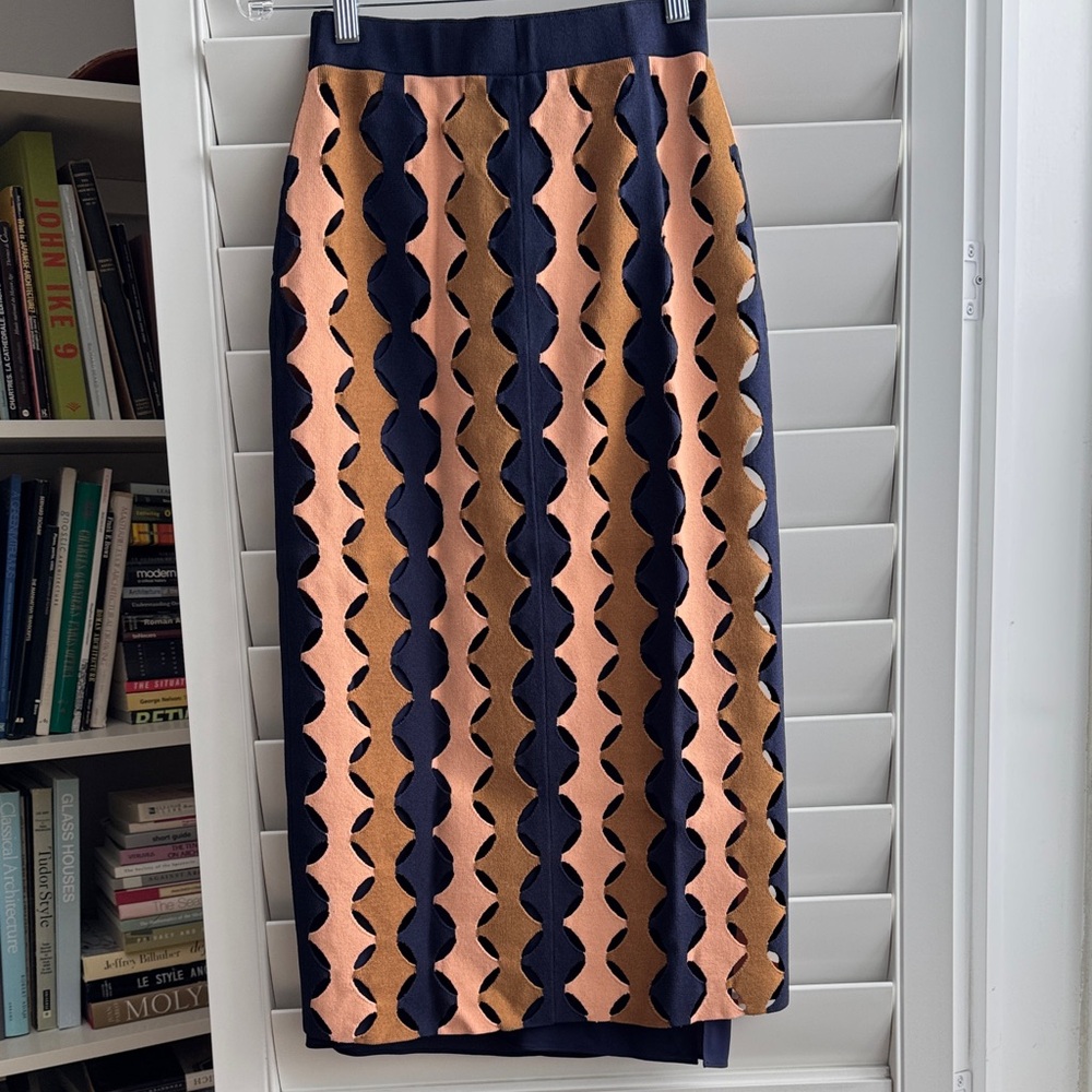 Tory Burch Navy and Pink Striped Cut Out Pencil Skirt